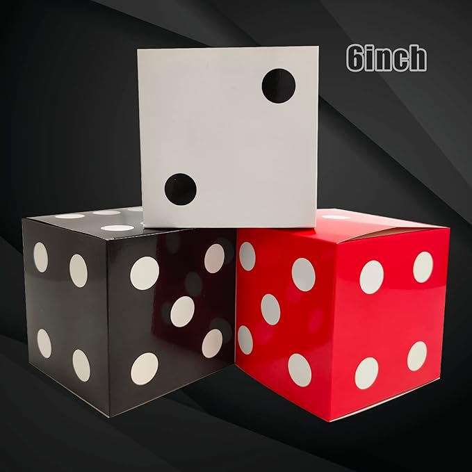 12 Pcs Dice Favor Boxes 6 x 6 x 6 Inch dice Boxes Bulk for centerpieces Casino Party Decorations Game Night Decorations Casino Themed Party Goodie Boxes Gift Box (Black, White, Red)