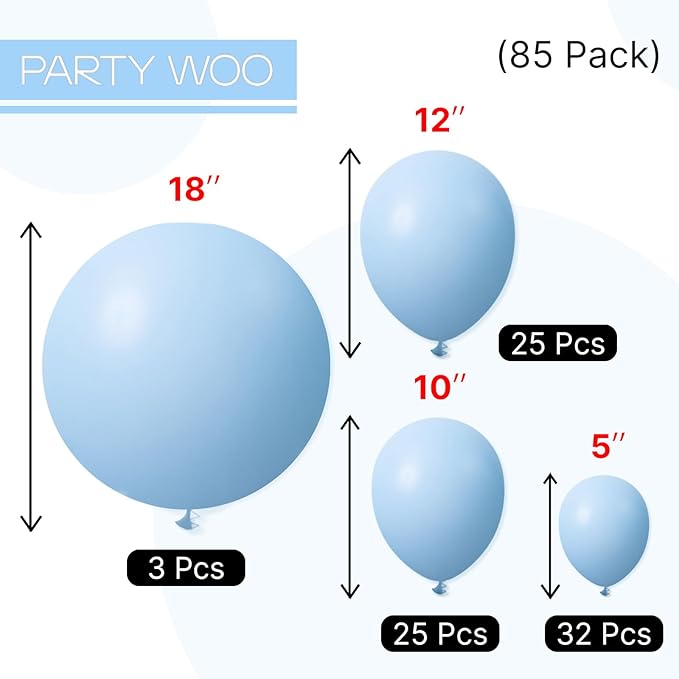 PartyWoo Light Blue Balloons 85 pcs Different Sizes of 18 12 10 5 Inch Baby Pastel Sky Aqua Blue Balloon Arch Kit Garland for Graduation Baby Shower Gender Reveal Birthday Party Decorations Blue-Y4