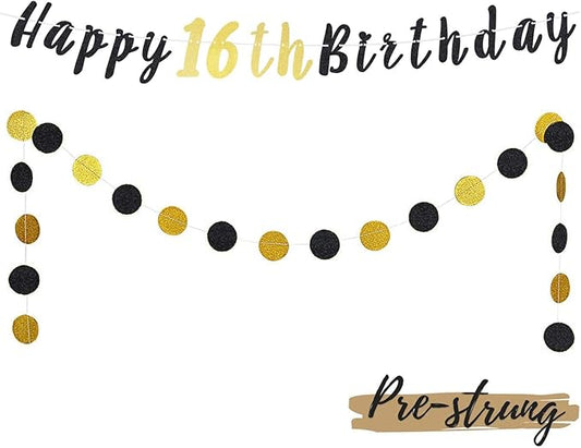 LASKYER Happy 16th Birthday Decoration Set - 16th Birthday Banner with Black & Gold Glitter Circle Dots Cheers to Sixteen Years Old Birthday Party Decorations.[Pre - Strung]