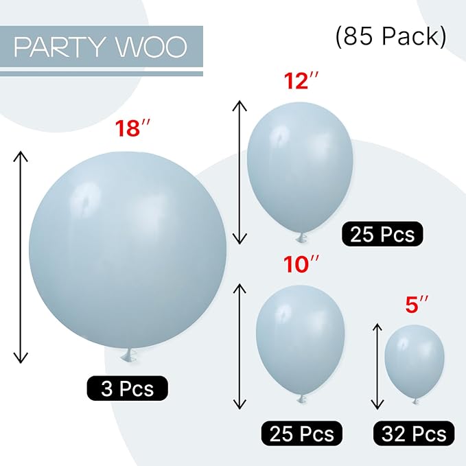 PartyWoo Dusty Blue Balloons 85pcs Different Sizes of 18 12 10 5 Inch Light Blue Aqua Boho Balloon Arch Kit Garland for Graduation Baby Shower Gender Reveal Birthday Party Decorations Blue-F28