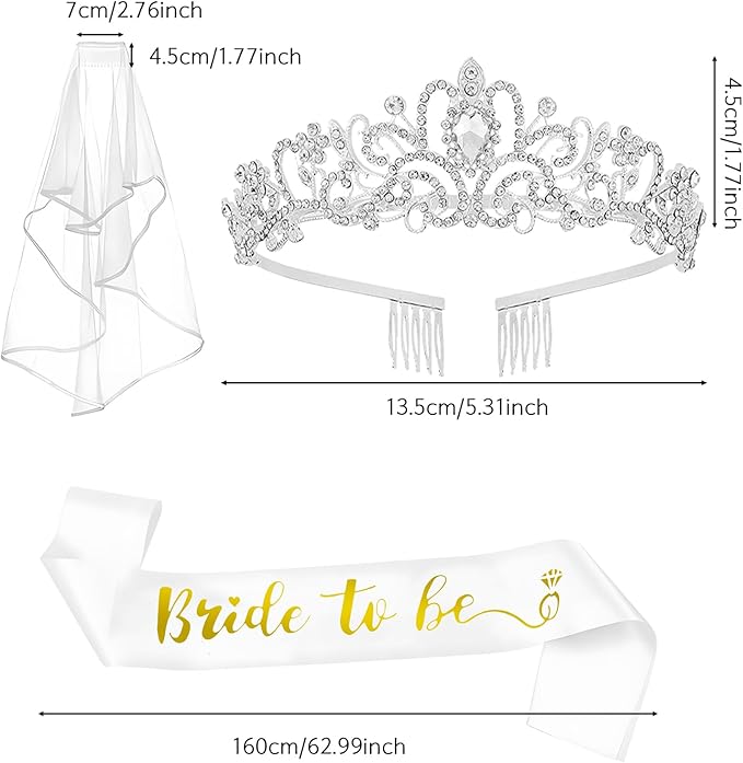 QIFU Bachelorette Party Decorations - 3pcs Bridal Shower Decorations include Bride to Be Crown Sash Veil for Women Bachelorette Hen Party Favors Accessories Wedding Decor Bridal Shower Gifts (Silver)
