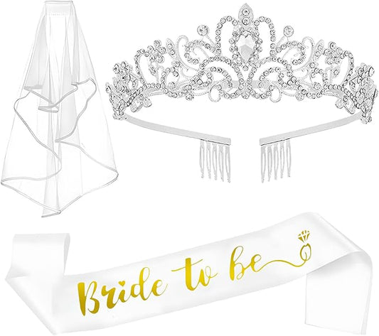 QIFU Bachelorette Party Decorations - 3pcs Bridal Shower Decorations include Bride to Be Crown Sash Veil for Women Bachelorette Hen Party Favors Accessories Wedding Decor Bridal Shower Gifts (Silver)