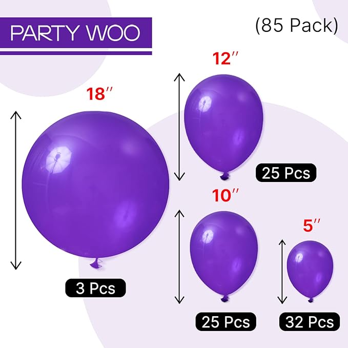 PartyWoo Dark Purple Balloons 85pcs Different Sizes of 18 12 10 5 Inch Royal Purple Balloon Arch Kit Garland for Birthday Baby Shower Graduation Anniversary Bachelorette Party Decorations Purple-Y16
