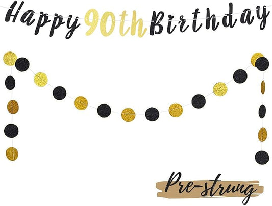 LASKYER Happy 90th Birthday Decoration Set - 90th Bday Banner with Black & Gold Glitter Circle Dots Cheers to Ninety Years Old Birthday Party Decorations.[Pre - Strung]