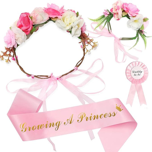 BRT Bearingshui Growing a Princess Sash Mother to Be Flower Crown Wristband Daddy to Be Pin Kit, Baby Shower Sash, Baby Shower Decorations Gift for Girl
