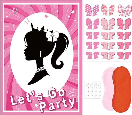QISOLIY Pink Girl Party Game Decorations, Girl Princess Pin The Bow on The Head Party Game Supplies, Large Poster with 24 Pcs Bow Stickers Favors for Birthday Party