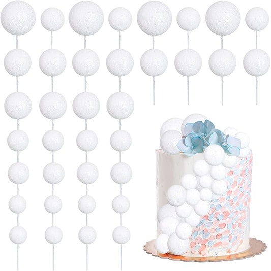 30Pcs Glitter Balls Cake Topper Foam Ball Cake Picks Mini Balloon DIY Cake Insert Topper Decoration for Baby Shower Wedding Anniversary Kids Birthday Graduation Party Cake Decorations White