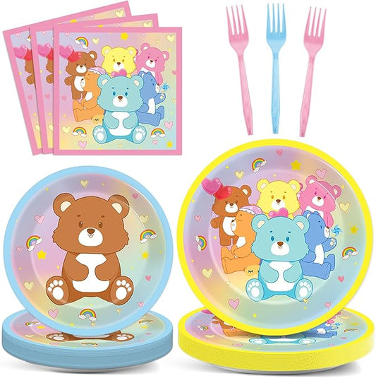 96Pcs Cute Bear Birthday Party Plates and Napkins Bear Rainbow Party Decorations Pastel Bears Theme Supplies Cute Bears Theme Paper Dessert Plates Tableware Set for Kids Boy Girl Baby Shower 24 Guests