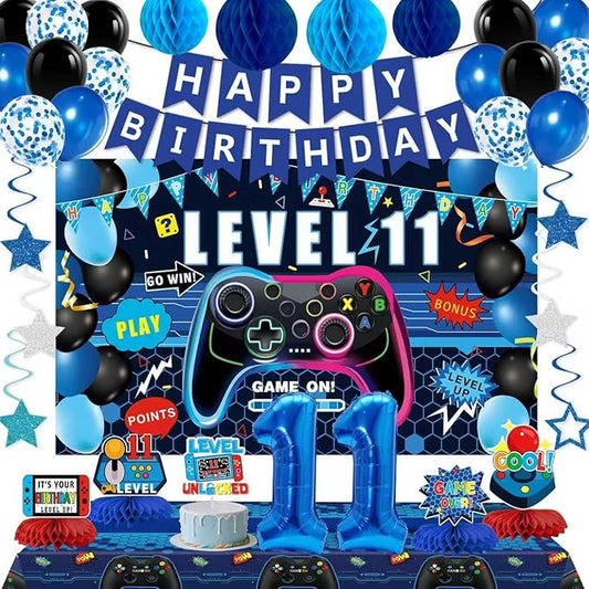 Video Game 11th Birthday Decorations for Boys, Blue Level 11 Decor Kits for Boy, 11 Years Old Game Supplies - Backdrop Honeycomb balls Hanging Swirls Centerpieces Balloons Tablecloth Cake topper