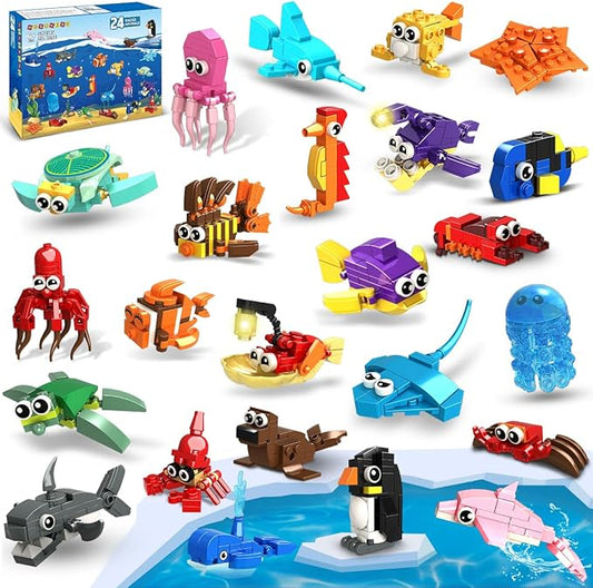 HOGOKIDS 24 Pack Valentines Party Favors for Kids Building Set - 629PCS Mini Marine Animals Blocks Toy for Valentines Day Goodie Bag Stuffers Classroom Prizes Gifts fo Kids Boy Girl Student Ages 6-12