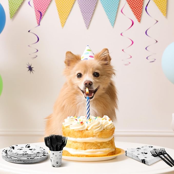Kochorie 144 Pieces Black Paw Print Party Tableware Sets Including Disposable Plates Napkins Cups Forks Serves 24 for Dog Puppy Theme Party Supplies