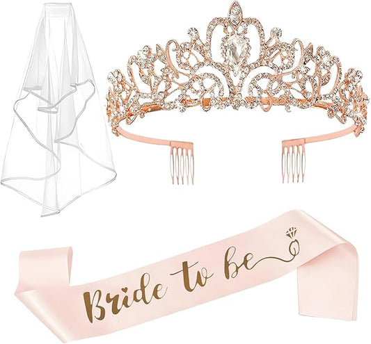 Bachelorette Party Decorations - 3pcs Bridal Shower Decorations include Bride to Be Crown Sash Veil for Women Bachelorette Hen Party Favors Accessories Wedding Decor Bridal Shower Gifts (Rose Gold)