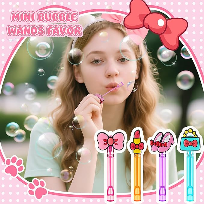 RoundFunny 24 Pcs Mini Bubble Wands Kitty Themed Party Kawaii Bubbles Sticks Wands for Cute Cartoon Bow Kitten Cat Theme Birthday Party Decoration Supplies Goodie Gift Bag Outdoor Activity