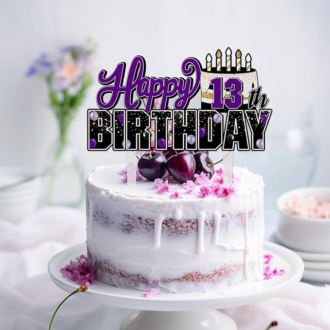 LINGTEER Happy 13th Birthday Purple Acrylic Cake Topper,Purple Theme Birthday Cheers to Thirteen Years Old Party Cake Decorations Gift Sign.