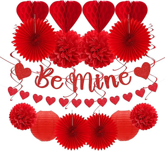 Valentines-Day Decorations Red-Heart Streamers Galentines-Decor - 22pcs Be Mine Love Banner,Paper Lanterns Honeycomb Balls,Tissue Pom Poms Flowers Fans, Happy Anniversary Backdrop Hugmoon