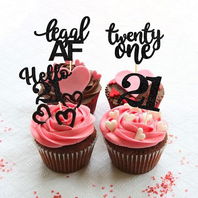 Keaziu 24 Pack 21st Birthday Cupcake Toppers Hello 21st Twenty one Legal 21st Cupcake Picks for 21st Birthday Wedding Anniversary Party Cake Decorations Supplies (21 black)