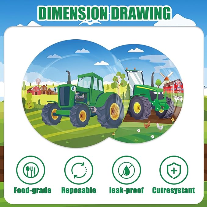 186Pcs Tractor Birthday Decoration Pack Kit Include Farm Tractor Paper Plates Napkins Cups and knives Forks Spoons Tablecloch Balloons kids Dinnerware Set Kids Tractor Party Supplies