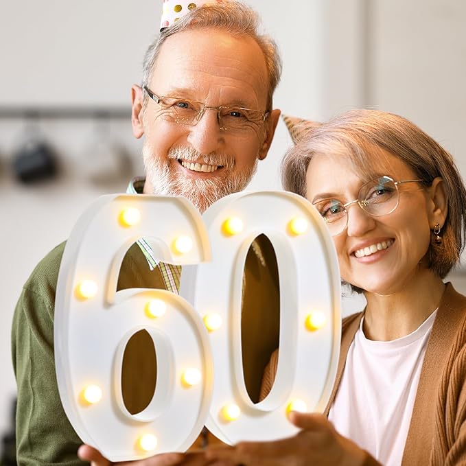 Treela 8.7'' Birthday Decorative LED Light up Numbers, Glitter Marquee Number Sign for Night Birthday Party Decorations Anniversary Bar LED Sign Backdrop Wall Table Centerpieces(60th,White)