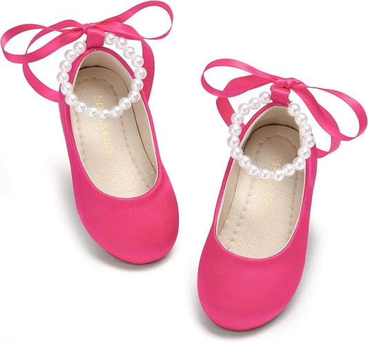 Toddler Flower Girl Dress Shoes - Little Girl Ballet Flats Pearl Strap for Wedding Party