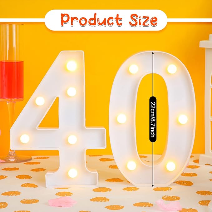 Treela 8.7'' Birthday Decorative LED Light up Numbers, Glitter Marquee Number Sign for Night Birthday Party Decorations Anniversary Bar LED Sign Backdrop Wall Table Centerpieces(40th,White)