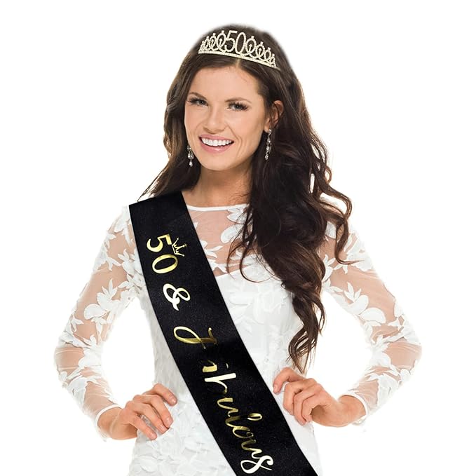 "50 & Fabulous" Birthday Tiara and Sash Kit- 50th Birthday Gifts for Women 50th Birthday Party Decorations (black)