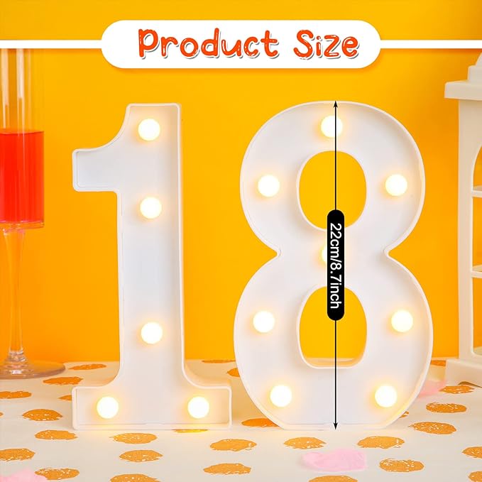 Treela 8.7'' Birthday Decorative LED Light up Numbers, Glitter Marquee Number Sign for Night Birthday Party Decorations Anniversary Bar LED Sign Backdrop Wall Table Centerpieces(18th,White)