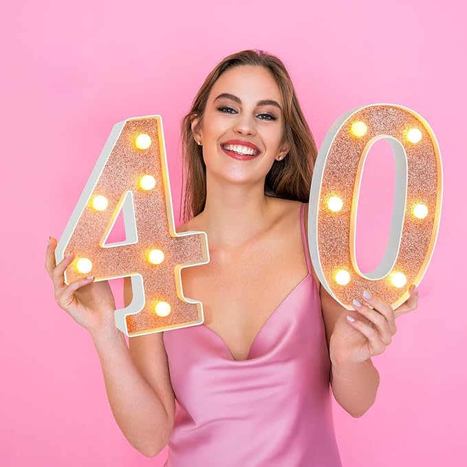 Treela 8.7'' Birthday Decorative LED Light up Numbers, Glitter Marquee Number Sign for Night Birthday Party Decorations Anniversary Bar LED Sign Backdrop Wall Table Centerpieces(40th,Rose Gold)