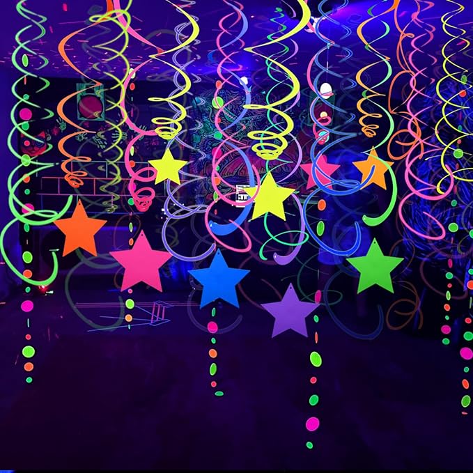 56 Pieces Rainbow Hanging Swirl Decorations Neon Swirl Streamers UV Neon Garland Ceiling Decorations Glow in The Dark Neon Party Supplies and Decorations Black Light Party Kit for Birthday Wedding
