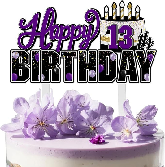 LINGTEER Happy 13th Birthday Purple Acrylic Cake Topper,Purple Theme Birthday Cheers to Thirteen Years Old Party Cake Decorations Gift Sign.