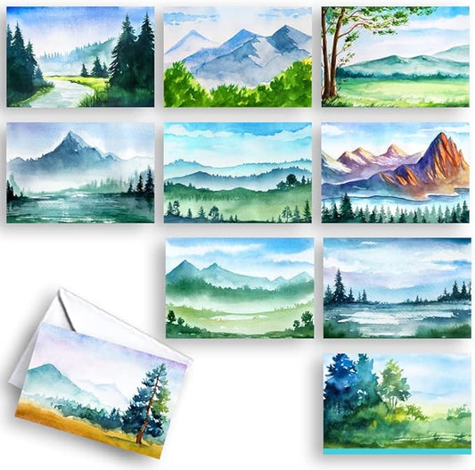 Wright Home & Gift Watercolor Landscapes All-Occasion Blank Note Greeting Cards | 10 Pack Assortment Bulk Variety Set + 10 Envelopes (4x6)