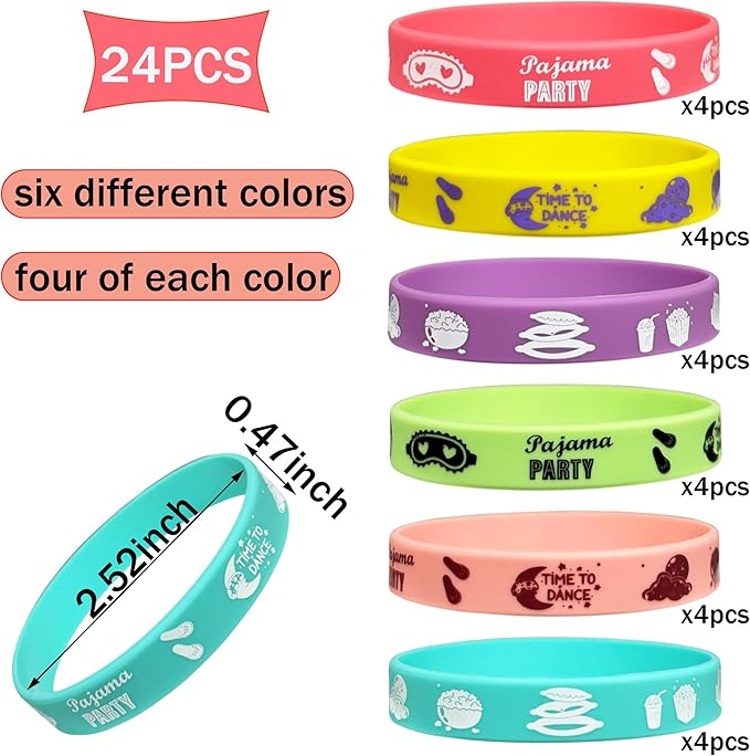 FSHANEE Pajama Sleepover Rubber Bracelets Party Supplies Pajama Party Favors Silicone Wristbands Pajama Themed Birthday Party Decorations Counts of 24