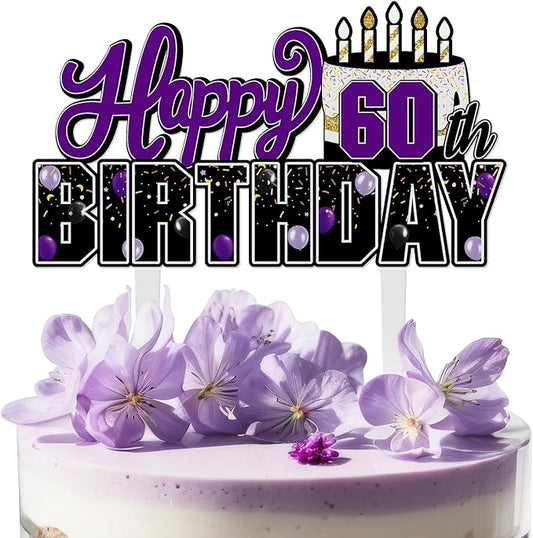 LINGTEER Happy 60th Birthday Purple Acrylic Cake Topper,Purple Theme Birthday Cheers to Sixty Years Old Party Cake Decorations Gift Sign.