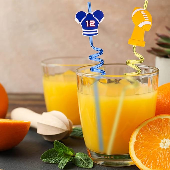 24Pcs Football Theme Reusable Drinking Straws, Soccer Straws, Football Party Favors, Birthday Party Supplies Decorations