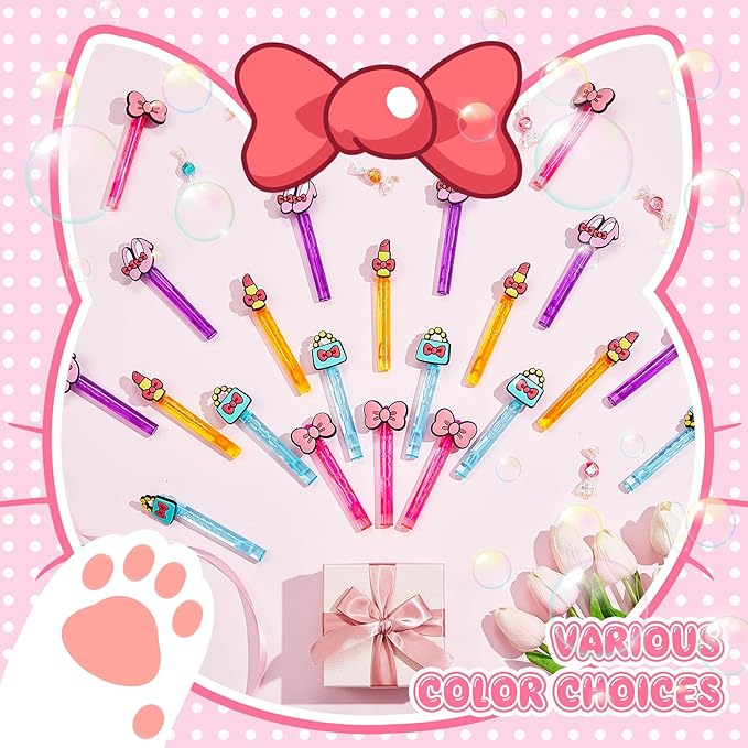 RoundFunny 24 Pcs Mini Bubble Wands Kitty Themed Party Kawaii Bubbles Sticks Wands for Cute Cartoon Bow Kitten Cat Theme Birthday Party Decoration Supplies Goodie Gift Bag Outdoor Activity