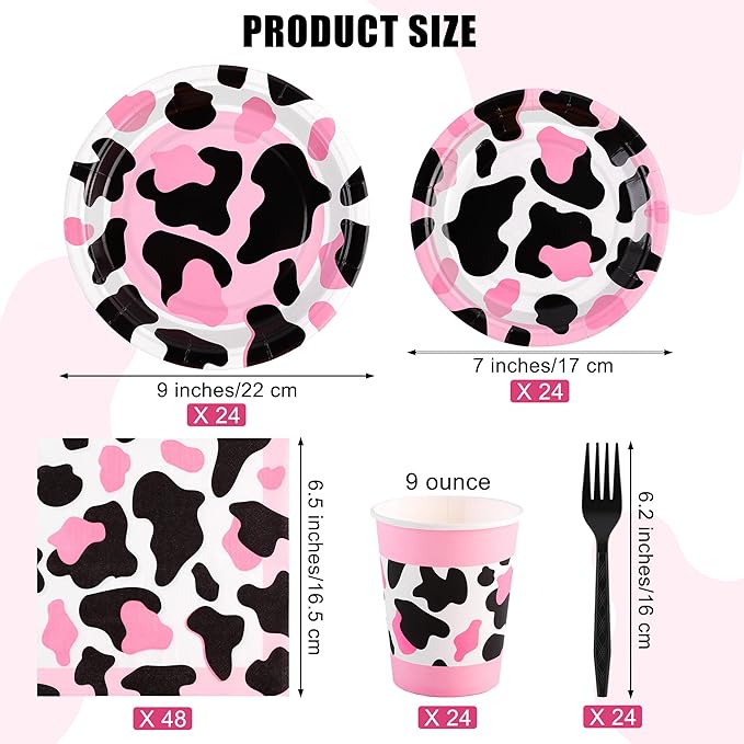 Kochorie 144 Pieces Pink Cow Print Party Tableware Sets Including Disposable Plates Napkins Cups Forks Serves 24 for Cow Theme Farm Animal Party Supplies