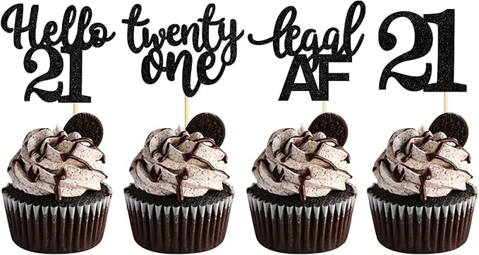 Keaziu 24 Pack 21st Birthday Cupcake Toppers Hello 21st Twenty one Legal 21st Cupcake Picks for 21st Birthday Wedding Anniversary Party Cake Decorations Supplies (21 black)