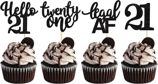 Keaziu 24 Pack 21st Birthday Cupcake Toppers Hello 21st Twenty one Legal 21st Cupcake Picks for 21st Birthday Wedding Anniversary Party Cake Decorations Supplies (21 black)