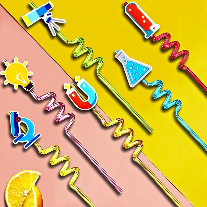 24pcs Science Theme Shaped Straws Reusable Plastic, Drink Cocktail Straws with Cartoon Decorations Mad Scientist Party Supplies Birthday Party Favors