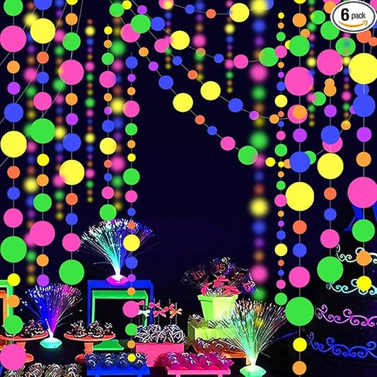 120feet Round Dot UV Neon Garland Hanging Paper Glow in The Dark Neon Glow Party Supplies and Decorations Glow in The Dark Blacklight Reactive Fluorescent Black Light Party Kit for Birthday Wedding