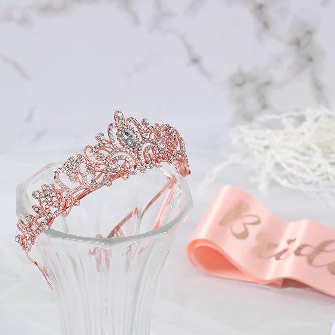 Bachelorette Party Decorations - 3pcs Bridal Shower Decorations include Bride to Be Crown Sash Veil for Women Bachelorette Hen Party Favors Accessories Wedding Decor Bridal Shower Gifts (Rose Gold)