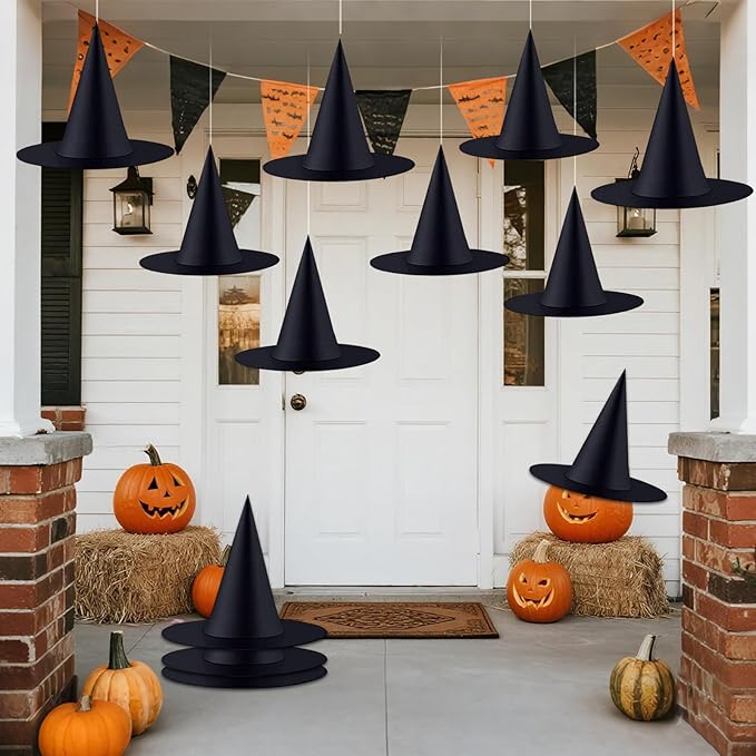 ZeeDix 12 Pcs Halloween Witch Hats Hanging Decor Indoor, Black Floating Witches Hat with 98 Ft Hanging Rope, Wizard Costume Accessories Outdoor Halloween Decorations for Home Yard Porch Ceiling