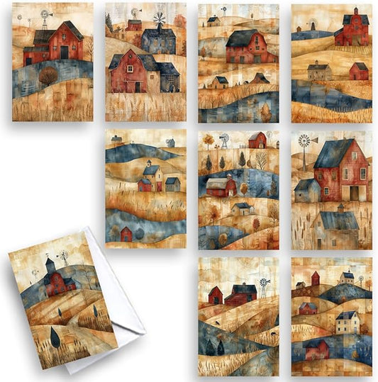 Wright Home & Gift Watercolor Farmhouses All-Occasion Blank Note Greeting Cards | 10 Pack Assortment Bulk Variety Set + 10 Envelopes (4x6)