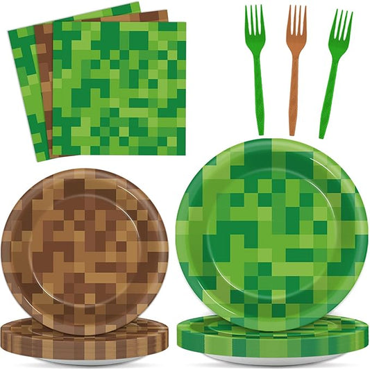 96Pcs Pixel Party Paper Plates and Napkins Video Game Party Decorations Pixel Paper Dessert Plates Mining Gaming Disposable Tableware Set Boys Girls Kids Teenagers Birthday Supplies 24 Guests