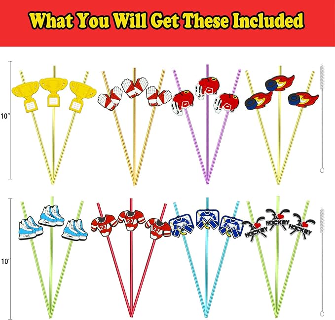MEAXUR 24 pcs Ice Hockey Theme Straight Reusable Straws for Ice Hockey Sports Party Favors, Daily Drink Straws, Birthday Party, Reunion, Sports Party Supplies with 2 Cleaning Brush. (6 colors)