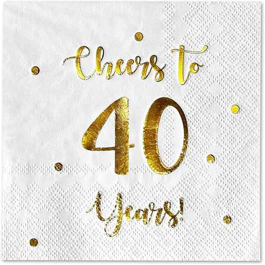 Cheers to 40 Years Cocktail Napkins | Happy 40th Birthday Decorations for Men and Women and Wedding Anniversary Party Decorations | 50-Pack 3-Ply Napkins | 5 x 5 inch folded (White)
