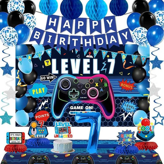 Video Game 7th Birthday Decorations for Boys, Blue Level 7 Party Decor Kits for Boy, 7 Years Old Game Supplies- Backdrop Honeycomb balls Hanging Swirls Centerpieces Balloons Tablecloth Cake topper