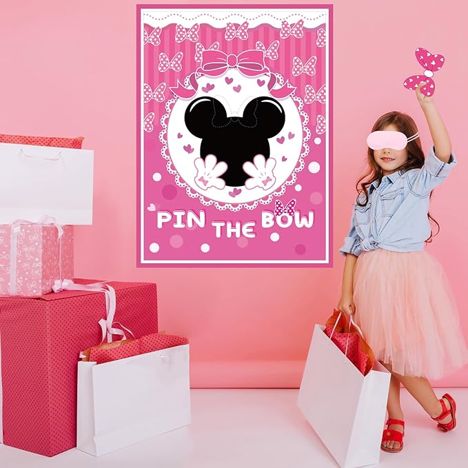 QISOLIY Pin The Bow Sticker on Mouse Party Game, Pink Girl Party Game Decorations, Pink Large Poster with 36Pcs Bow Stickers for Girls Birthday Favors
