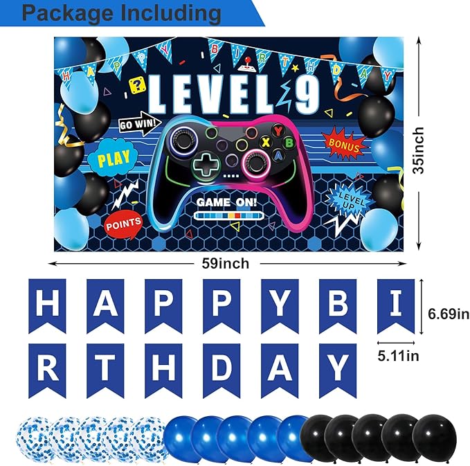 Video Game 9th Birthday Decorations for Boys, Blue Level 9 Party Decor Kits for Boy, 9 Years Old Game Supplies- Backdrop Honeycomb balls Hanging Swirls Centerpieces Balloons Tablecloth Cake topper
