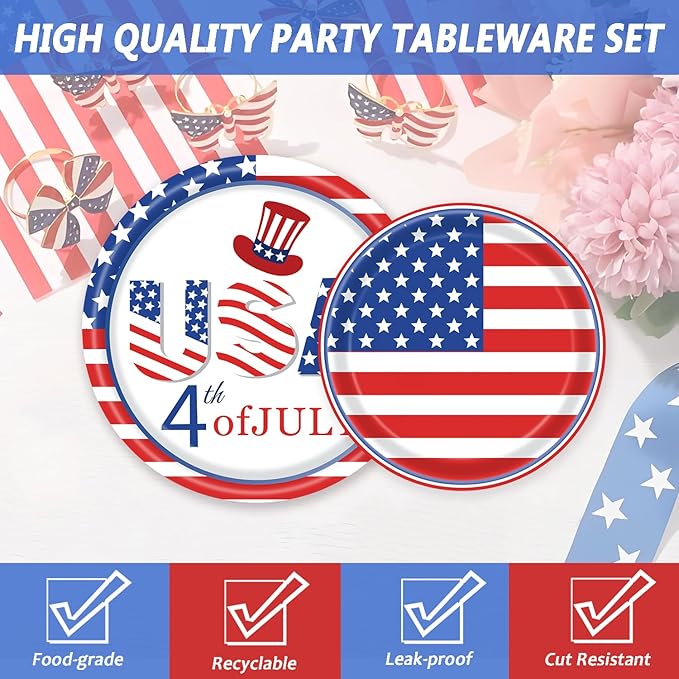 60Pcs Patriotic Plates and Napkins, 4th of July Tableware Party Supplies Disposable Dinner Dessert Paper Plates and Napkins for Independence Day, Labor Day, Veterans Day, Election Day Decorations