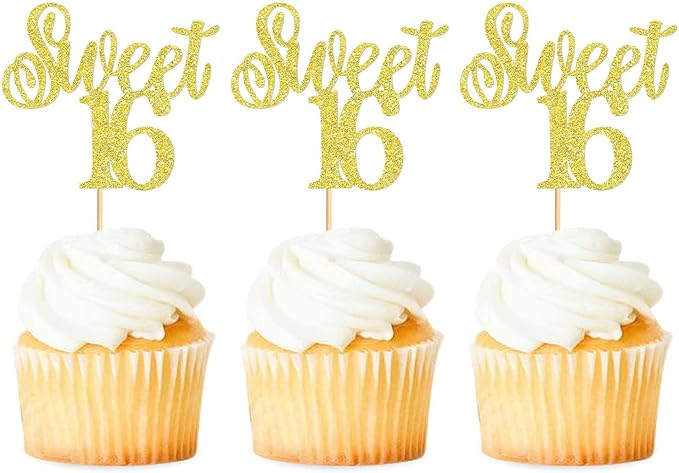 Keaziu 24 Pack Sweet 16 Cupcake Toppers Sweet Sixteen 16 Happy 16 Cupcake Picks for 16th Birthday Wedding Anniversary Party Cake Decorations Supplies Gold